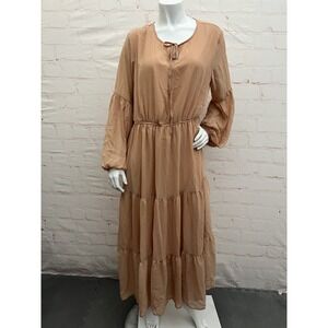 BTFBM Women's Floral V-Neck long sleeve Long Maxi Beige Dress Elastic waist XL